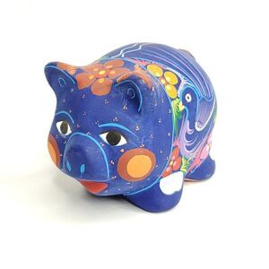 Mexico Talavera Terra Cotta Folk Art Hand Painted Pig Figurine Matte Signed
